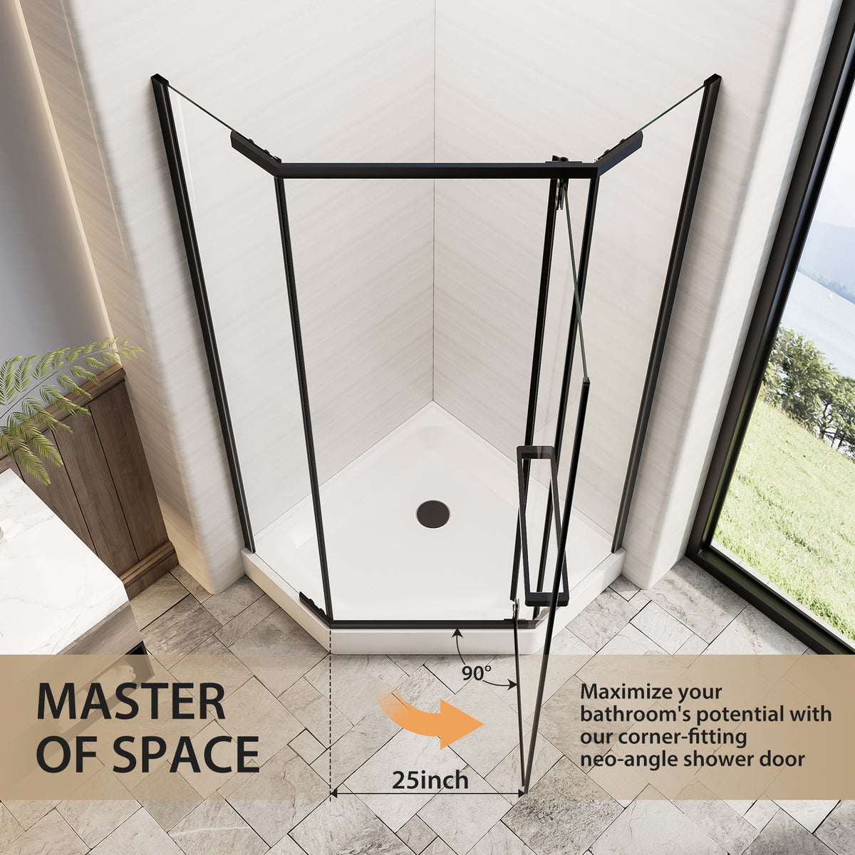 36"D X 36"W X 72"H Neo-Angle Shower Door, Corner Shower Door, 1/4" Tempered Glass With Explosion-Proof Film, Black Stainless Steel Frame
