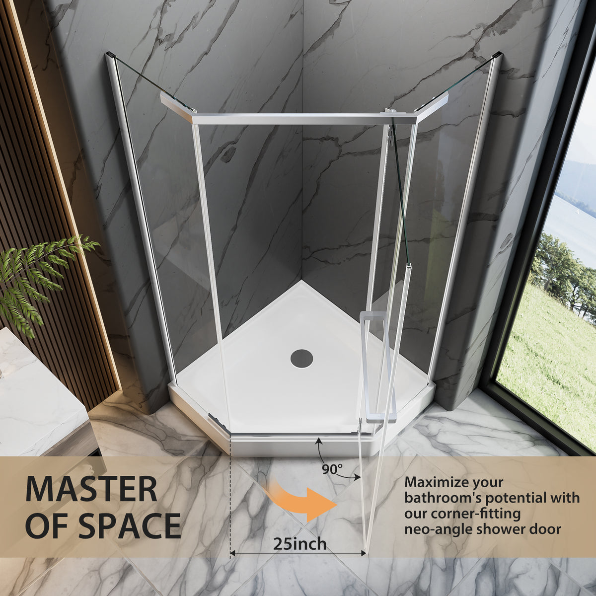 36"D X 36"W X 72"H Neo-Angle Shower Door, Corner Shower Door, 1/4" Tempered Glass With Explosion-Proof Film, Chrome Stainless Steel Frame