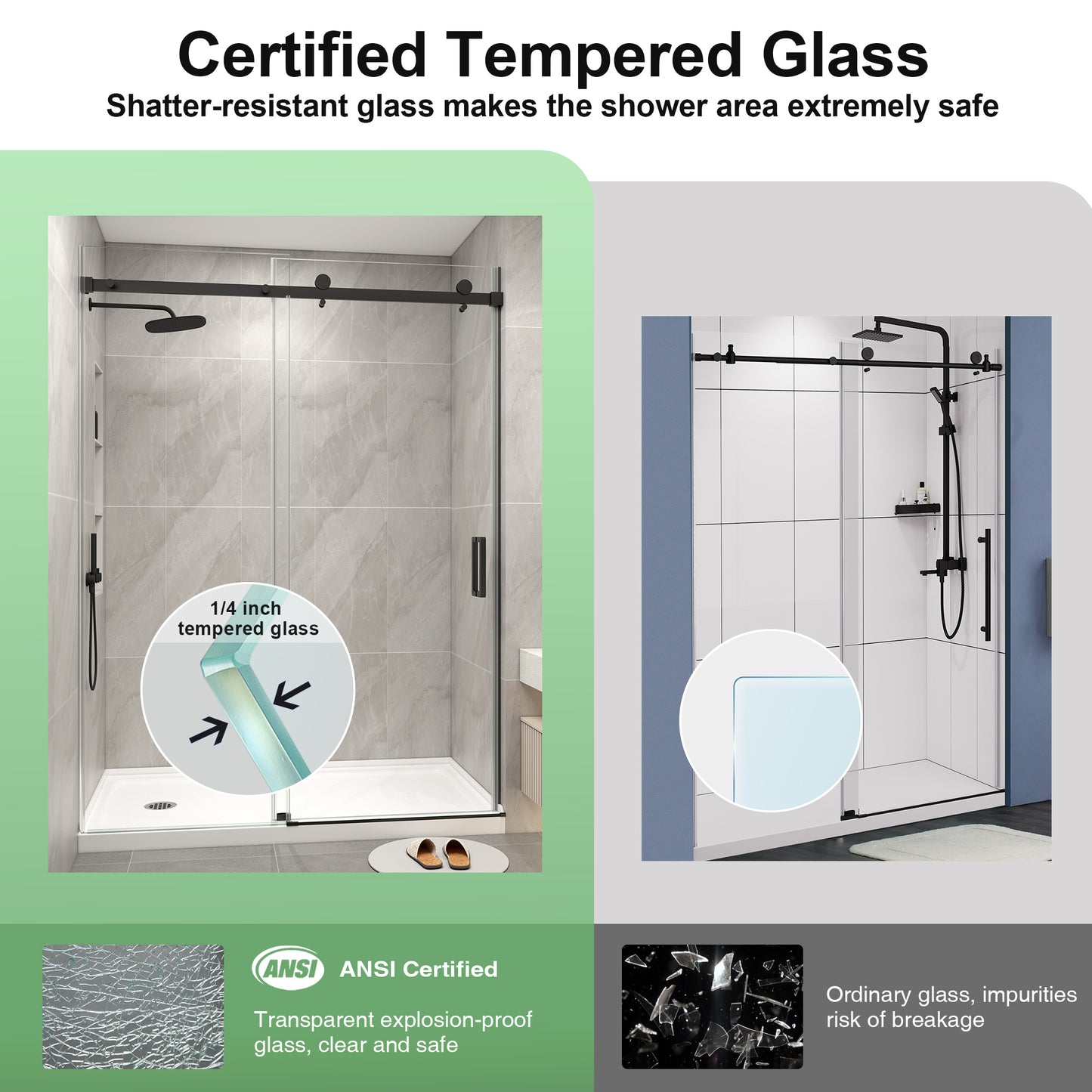 KPUY S9711A Frameless Shower Door, 56-60" W x 76" H Sliding Glass Shower Door, 1/4" (6mm) Thick Tempered Clear Glass with Explosion-Proof Film Nano Coating in Matte Black Finish