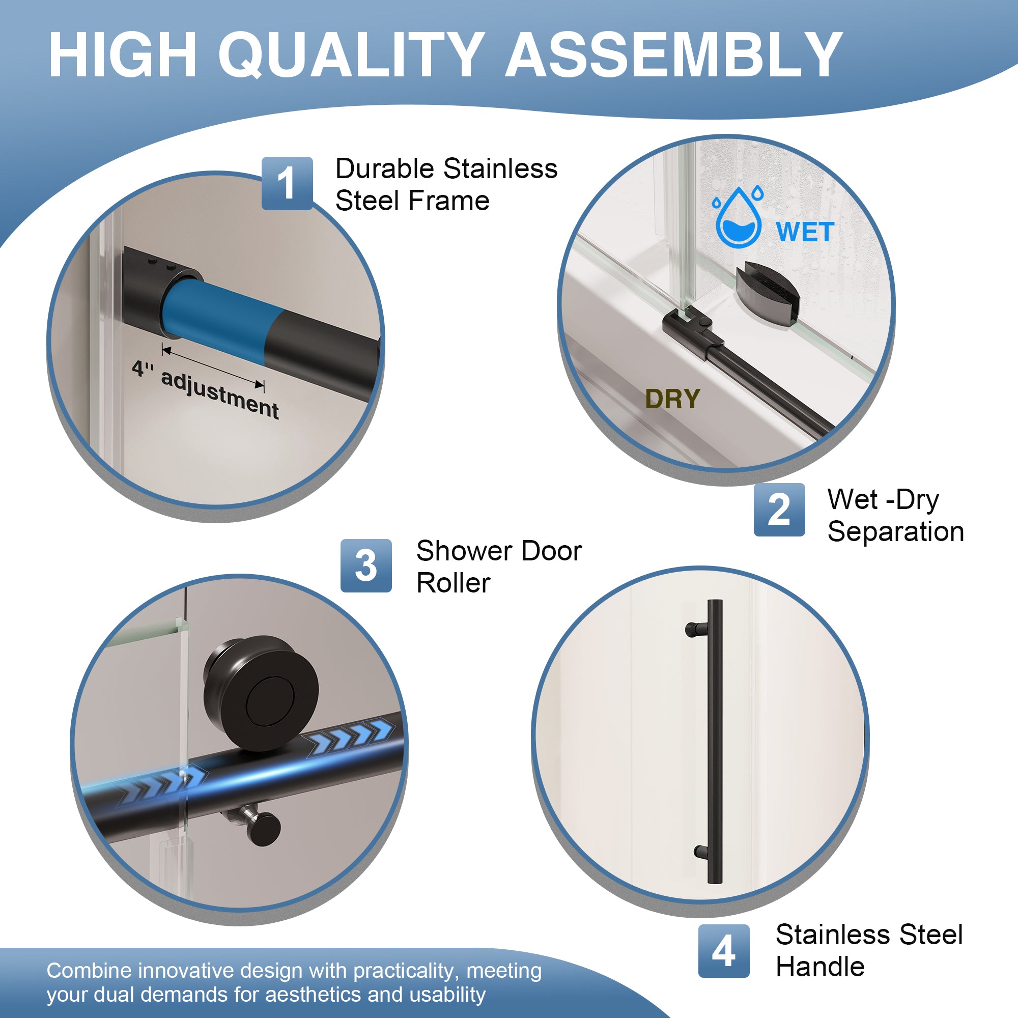 Matte Black Sliding Shower Door, Semi-Frameless, 55–60 in. W x 76 in. H, Model S9811B