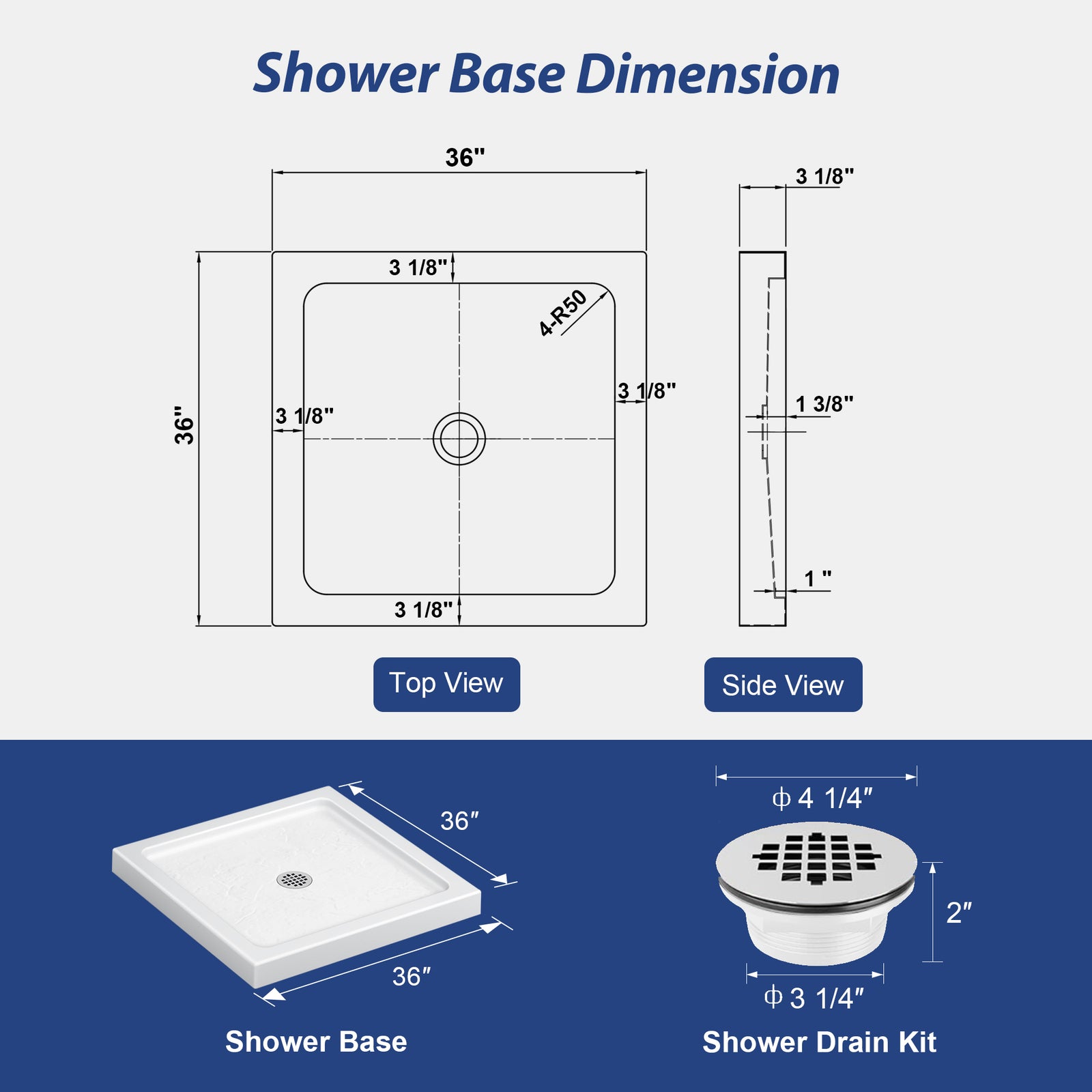 White Square Shower Base Series – 32 x 32 & 36 x 36 Inch