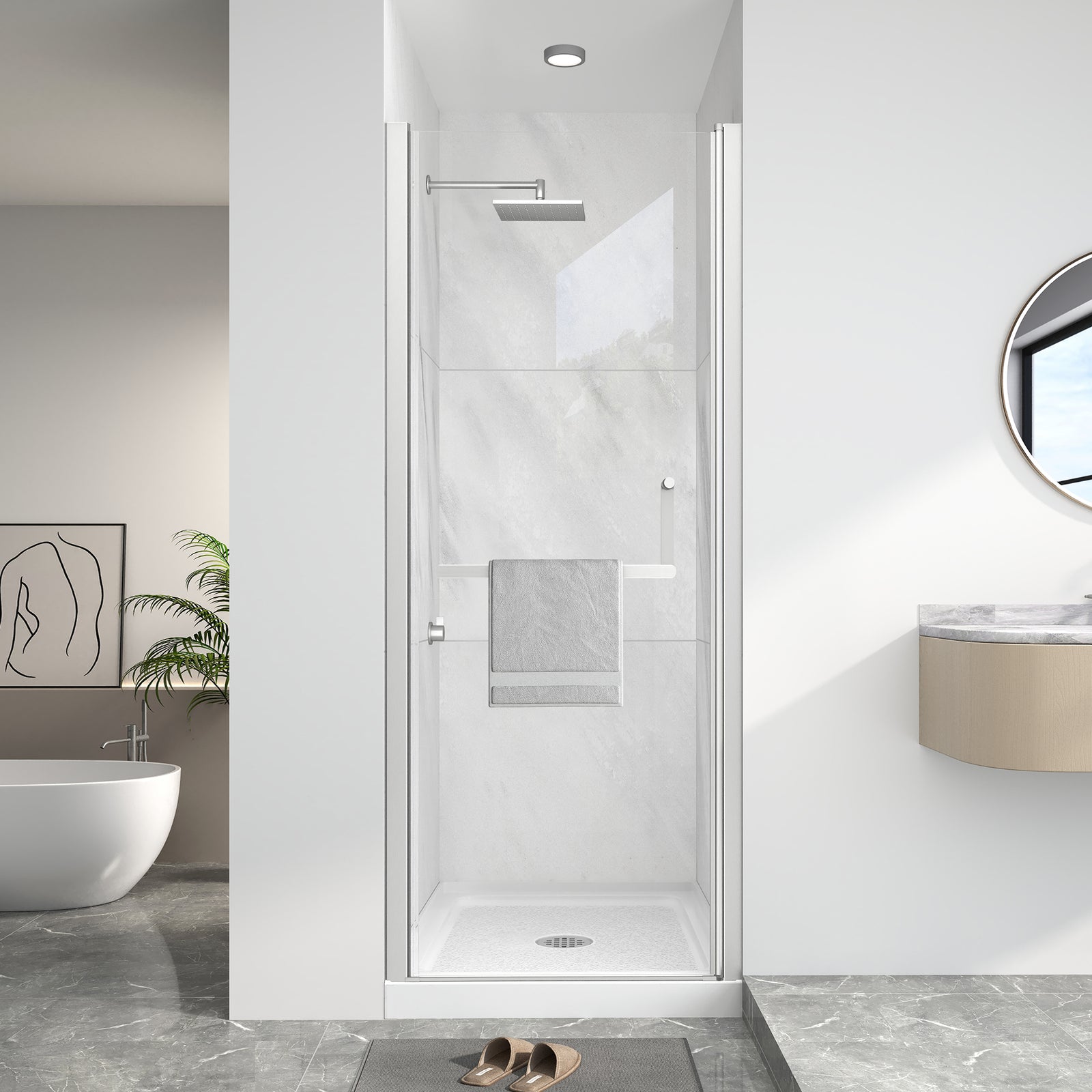 Brushed Nickel Pivot Shower Door, 28–30 in. W x 72 in. H, Frameless Single Swing Glass Shower Door, Model S9301B