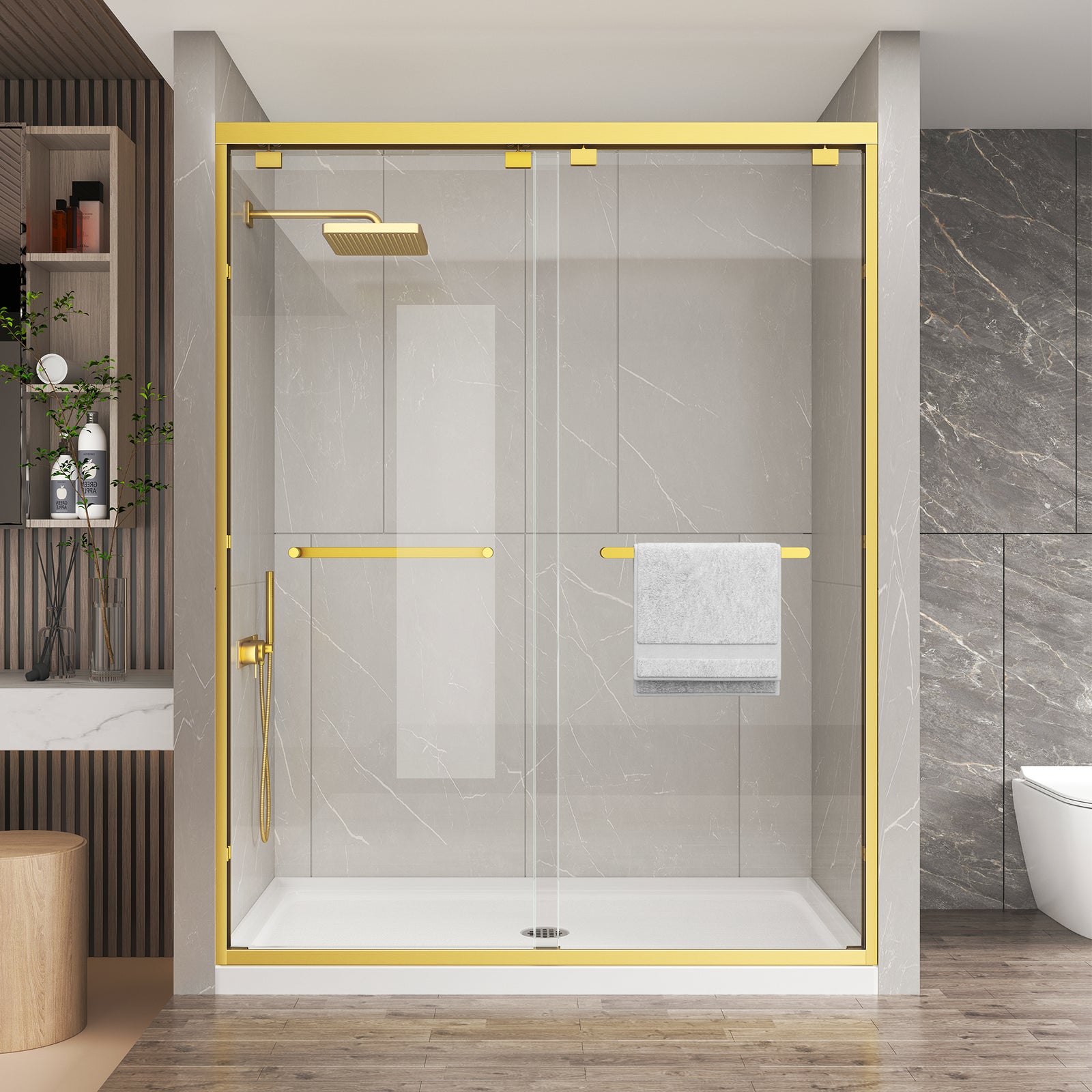 Brushed Gold Double Sliding Shower Door, Semi-Frameless, 43–48 in. W x 76 in. H, Model S0102