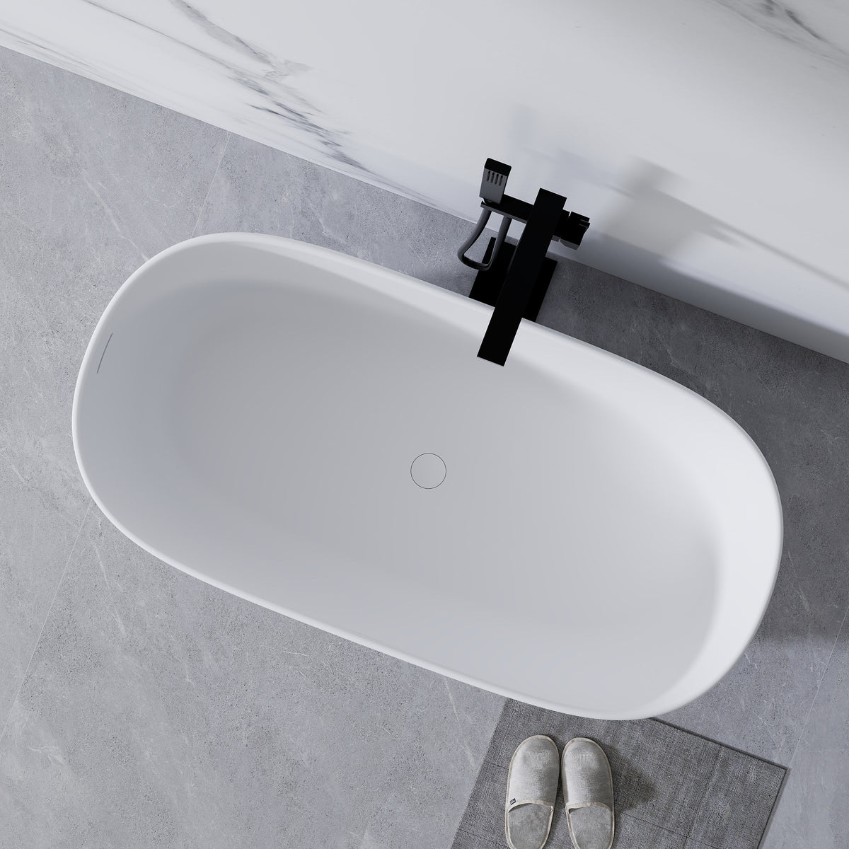 51'' Freestanding Bathtub Resin Stone Soaking Bathtub Solid Surface Modern Tubs with Overflow and Pop-up Drain in White/2130380