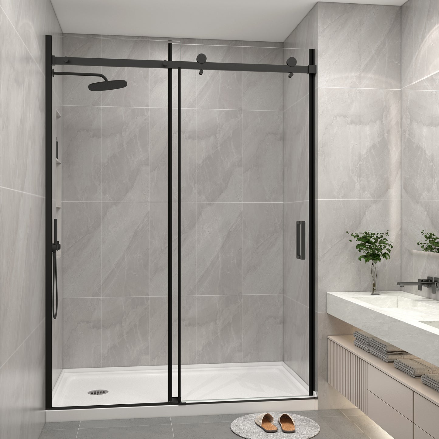 KPUY 9711 Frameless Shower Door, 50-54" W x 76" H Sliding Glass Shower Door, 1/4" (6mm) Thick Tempered Clear Glass with Explosion-Proof Film Nano Coating in Matte Black Finish
