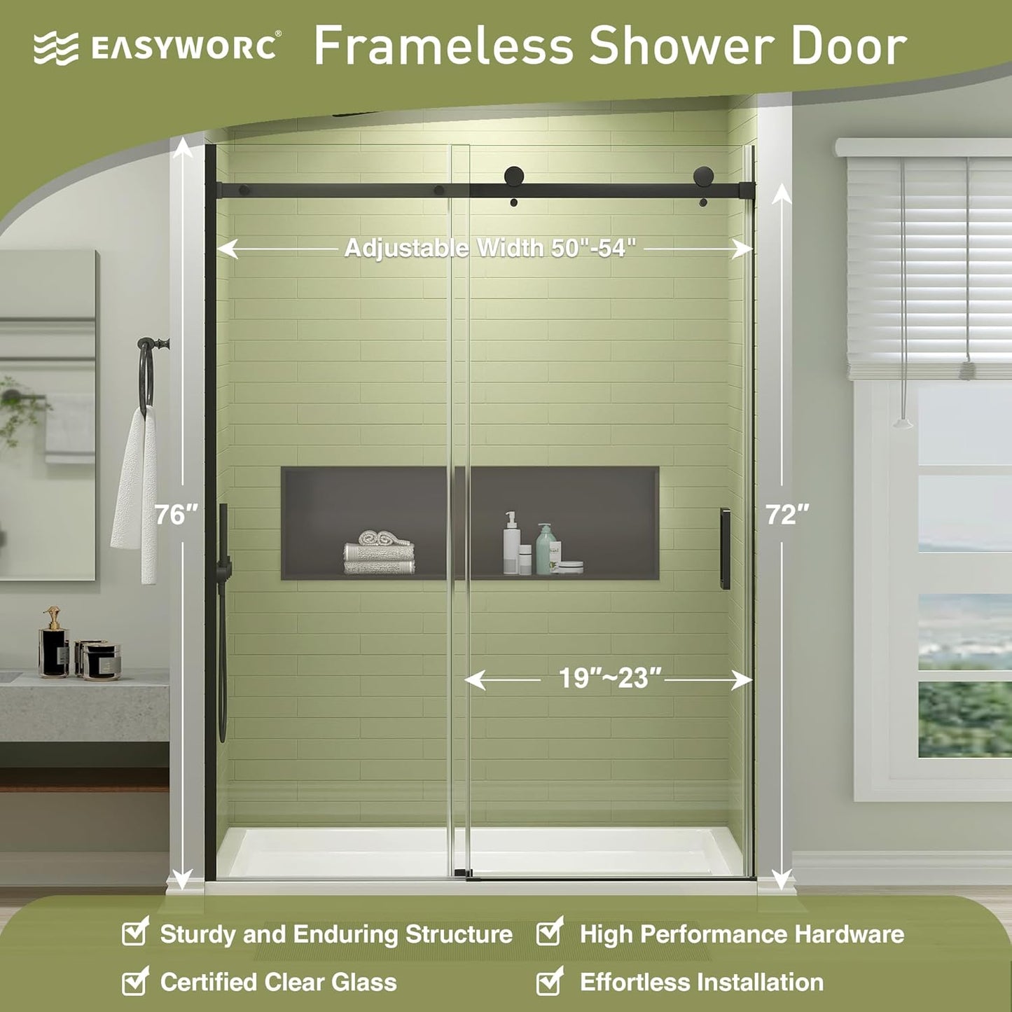 Frameless Shower Door, 50-54" W x 76" H Sliding Glass Shower Door with 1/4" (6mm) Clear Tempered Glass, Reversible Installation, Matte Black