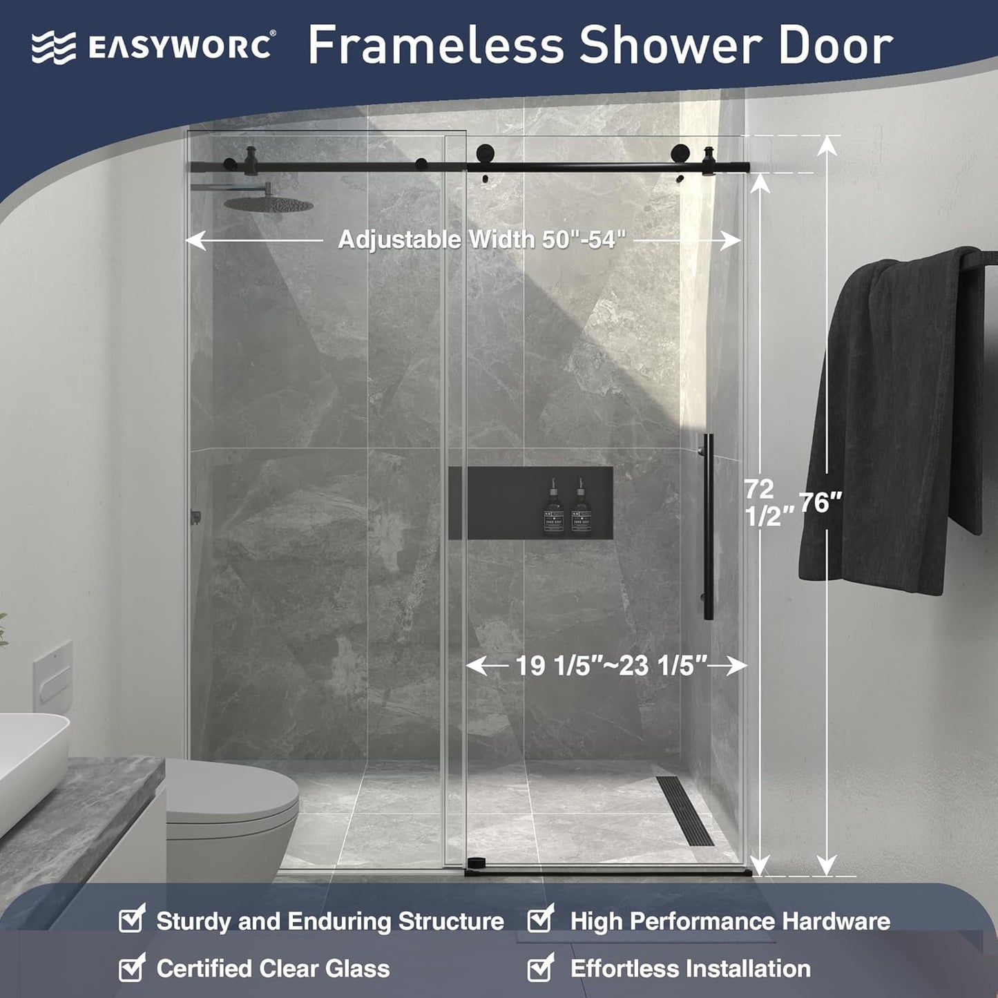 Frameless Shower Door, 50"-54" W x 76" H Sliding Glass Shower Door with 1/4" (6mm) Clear SGCC Tempered Glass, Silent Soft-Close Design, Stainless Steel Frame, Matte Black