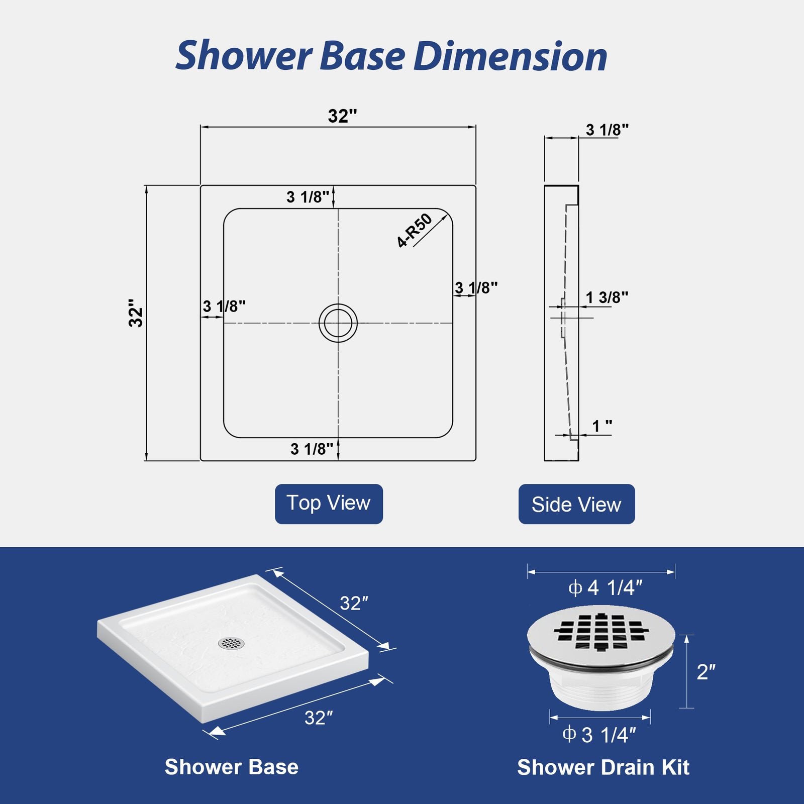 White Square Shower Base Series – 32 x 32 & 36 x 36 Inch