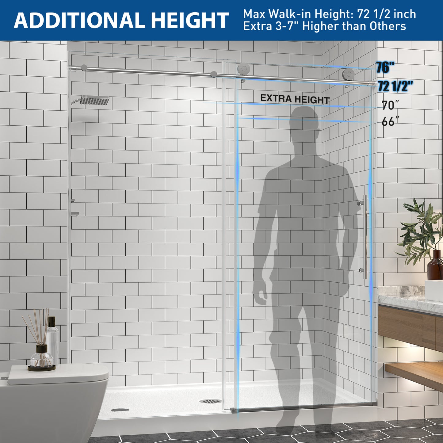 KPUY 2517 Black/Silver/Gold Frameless Shower Door, Sliding Glass Shower Door, 5/16" (8mm) Thick Tempered Clear Glass with Explosion-Proof Film Nano Coating, Stainless Steel Hardware