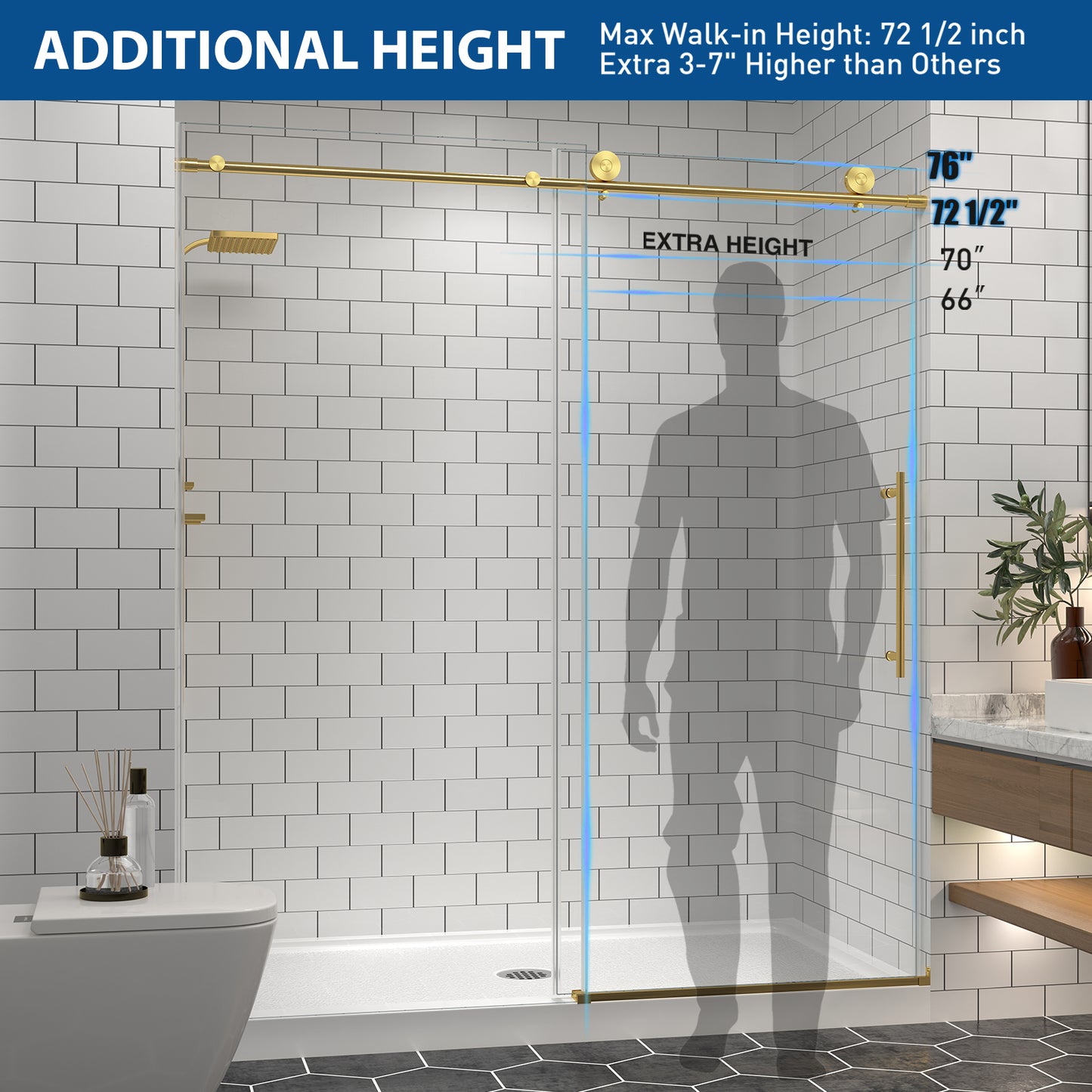 KPUY 2517 Black/Silver/Gold Frameless Shower Door, Sliding Glass Shower Door, 5/16" (8mm) Thick Tempered Clear Glass with Explosion-Proof Film Nano Coating, Stainless Steel Hardware