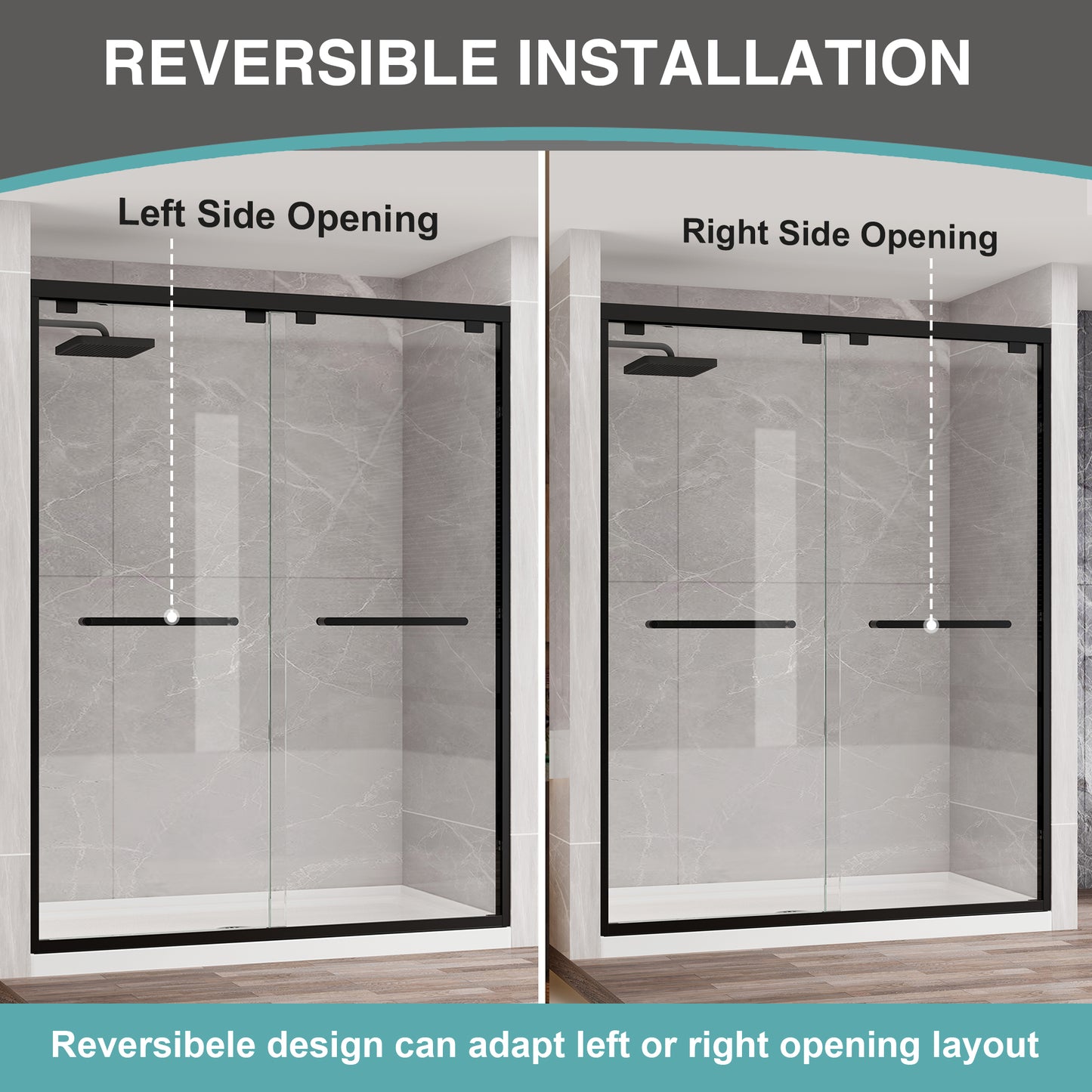 KPUY S0102 Glass Shower Door, 56-60" W x 76" H Semi-Frameless Shower Door, Double Sliding Shower Door with 1/4" (6mm) Thick Tempered Clear Glass, Shower Glass Door with Explosion-Proof Film in Matte Black