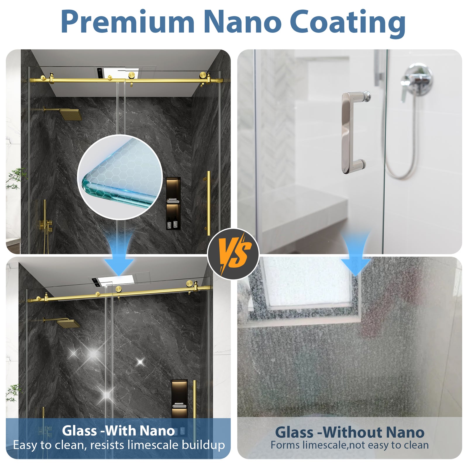 KPUY Frameless Sliding Shower Door, 1/4" Tempered Glass, Brushed Gold – 76" H