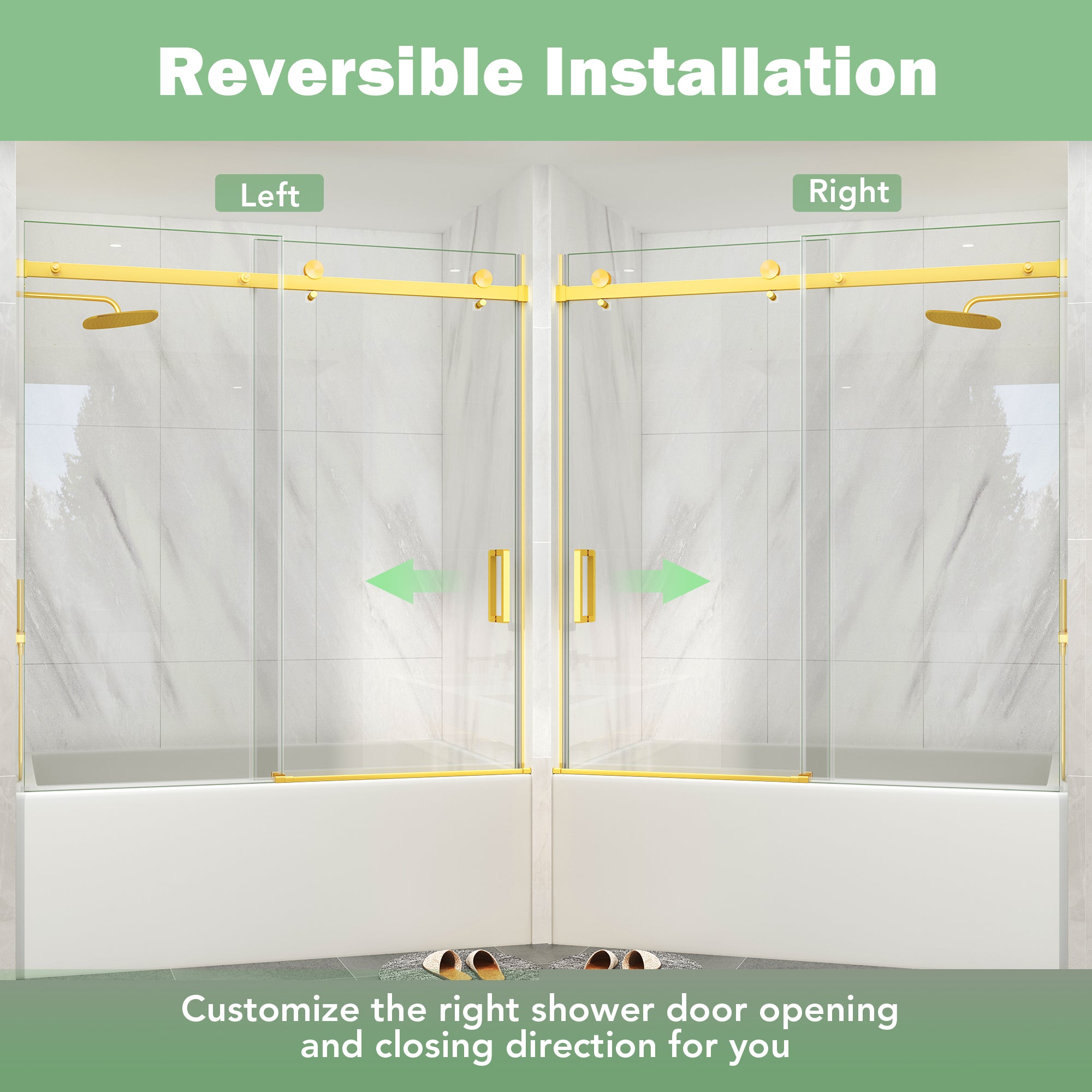 Brushed Gold Sliding Bathtub Door, 55–60 in. W x 60 in. H, Frameless Tub Shower Door, Model S9711D