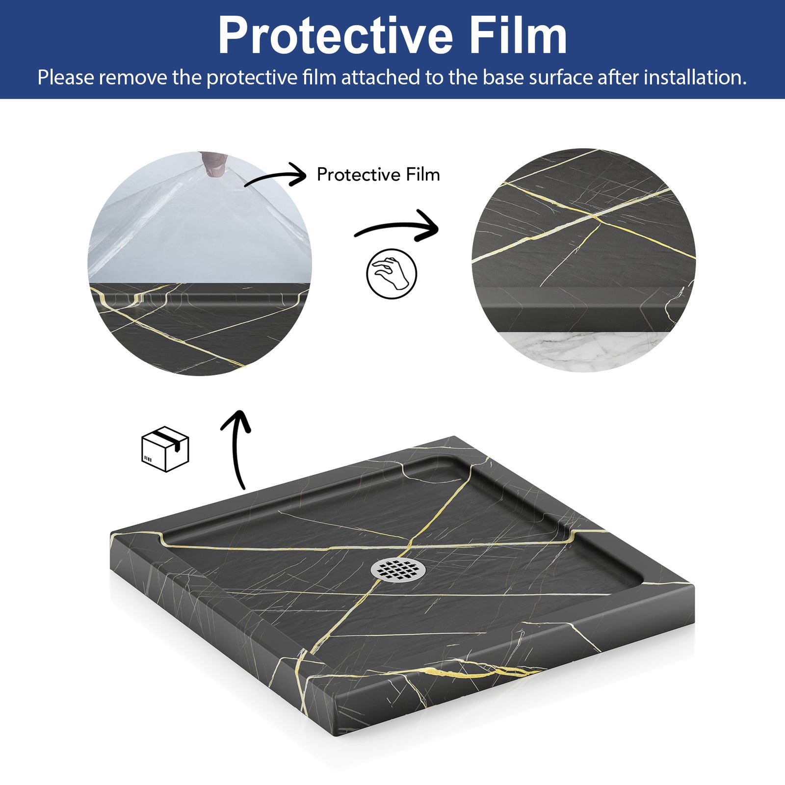 KPUY Square Acrylic/ABS Shower Base Pan with Center Drain, Black Gold Stone-Look