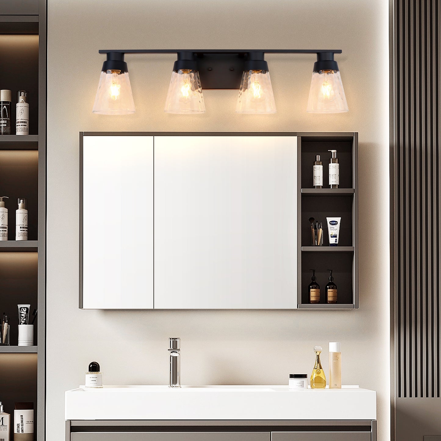Modern Gold Vanity Lighting Fixture, 4 Light Over Mirror, Wall Lamp with Clear Glass for Bathroom, Hallway, Bedroom with E26 Socket