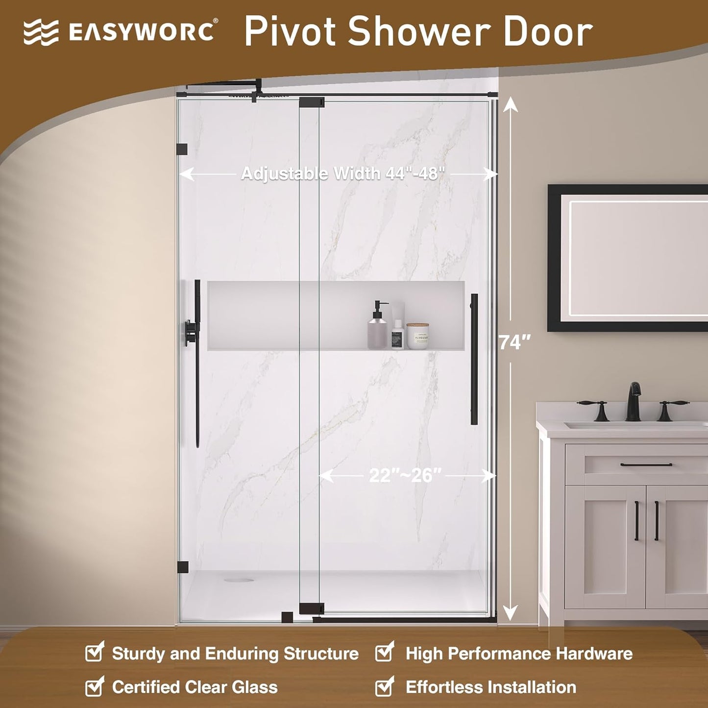 44-48" W x 74" H Pivot Swing Shower Door, Pivot Semi-Frameless Glass Shower Door with 1/4"(6mm) Clear SGCC Tempered Glass, Stainless Steel Frame, Matte Black
