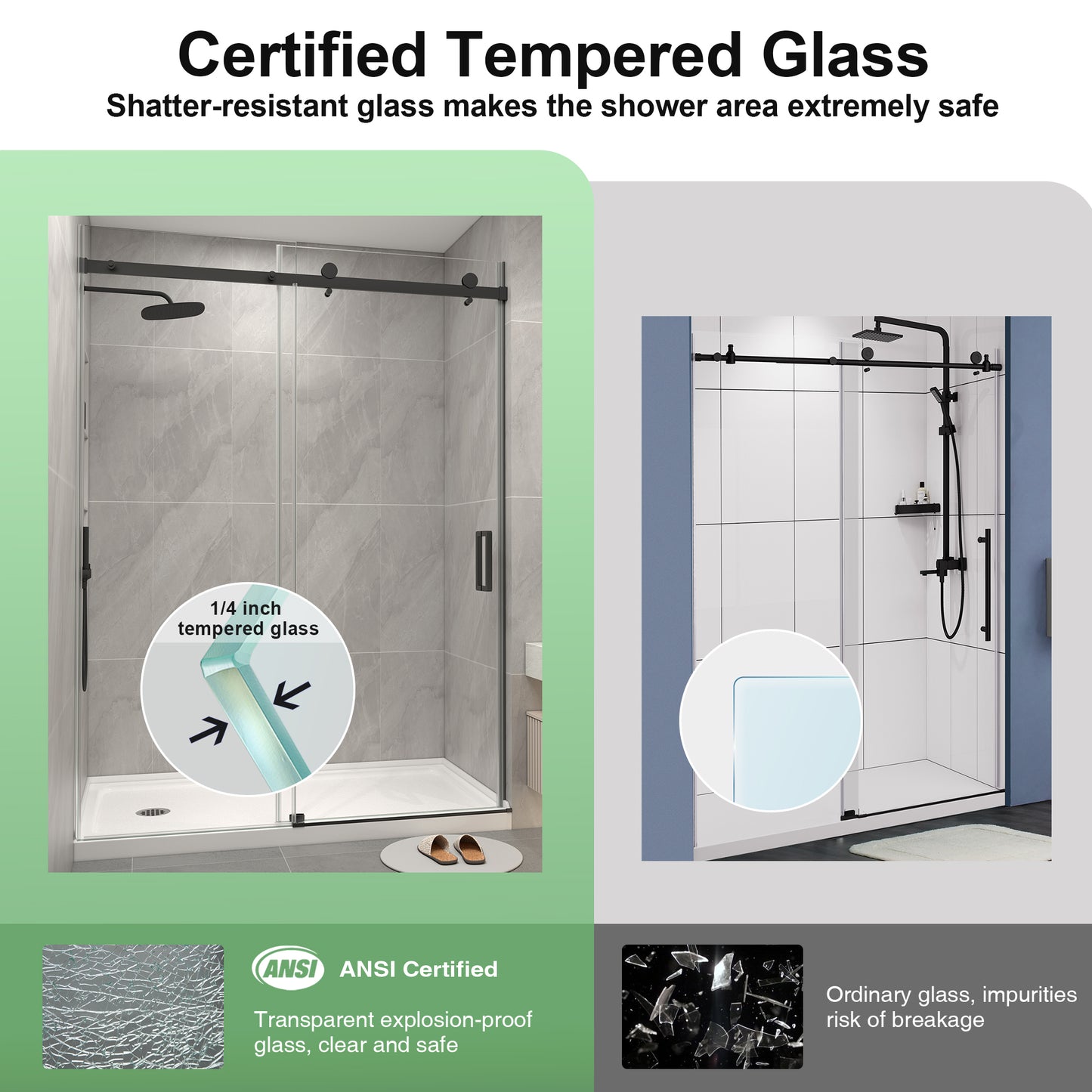 KPUY S9711B Frameless Shower Door, 44-48" W x 76" H Sliding Glass Shower Door, 1/4" (6mm) Thick Tempered Clear Glass with Explosion-Proof Film Nano Coating in Matte Black Finish