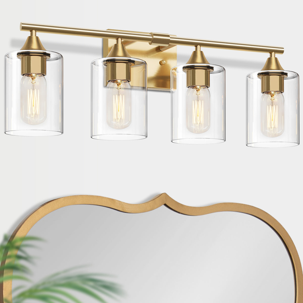 4-Light Brushed Gold Bathroom Vanity Light Fixture, Anti-Rust Metal Wall Mount Lamp with Clear Glass Shade, Modern Farmhouse Wall Sconce for Restroom & Dressing Room(No light bulb) (Copy)