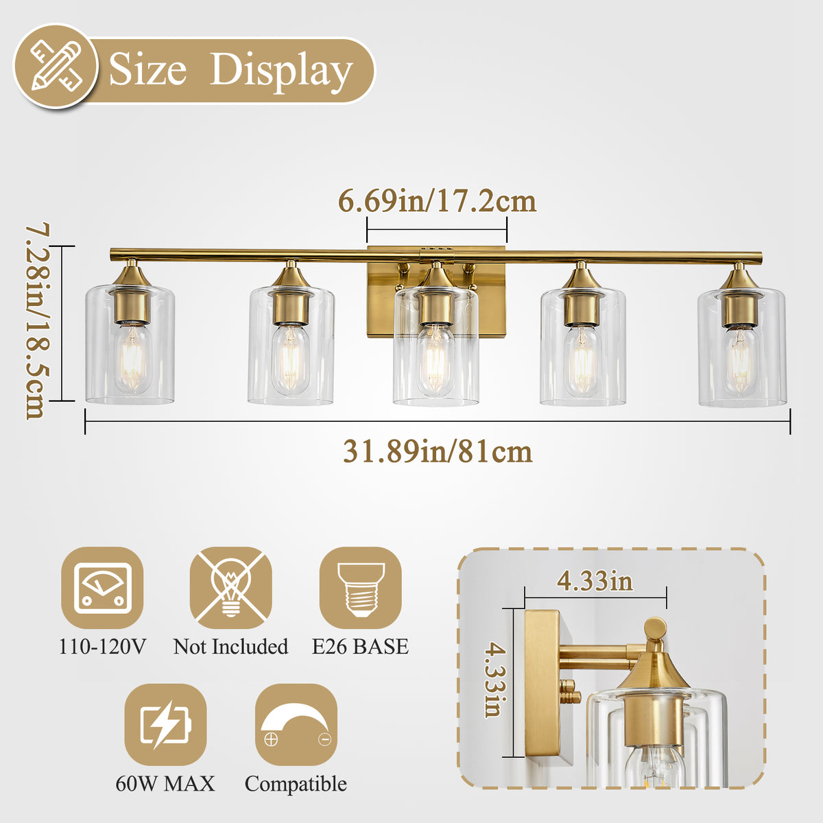 5-Light Brushed Gold Luxury Farmhouse Bathroom Vanity Light Fixture, Wall Lamp with Clear Glass Shade for Large Family Washroom(No light bulb)
