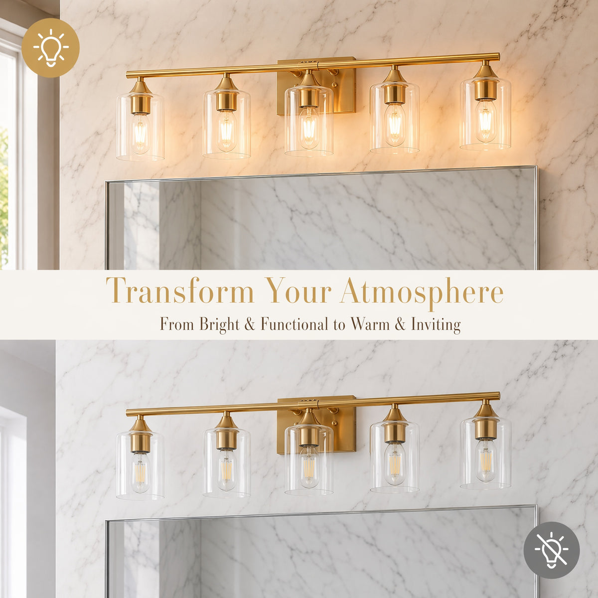5-Light Brushed Gold Luxury Farmhouse Bathroom Vanity Light Fixture, Wall Lamp with Clear Glass Shade for Large Family Washroom(No light bulb)