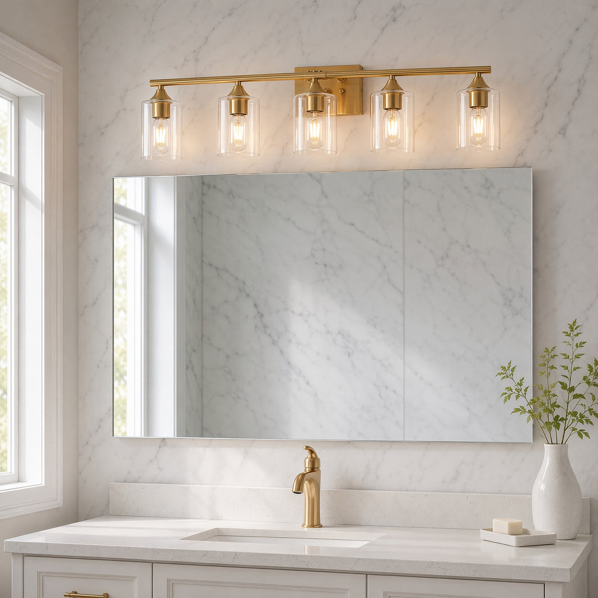 5-Light Brushed Gold Luxury Farmhouse Bathroom Vanity Light Fixture, Wall Lamp with Clear Glass Shade for Large Family Washroom(No light bulb)