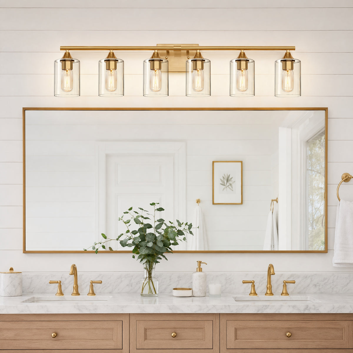 6-Light Brushed Gold Luxury Farmhouse Bathroom Vanity Light Fixture, Wall Lamp with Clear Glass Shade for Large Family Washroom(No light bulb)