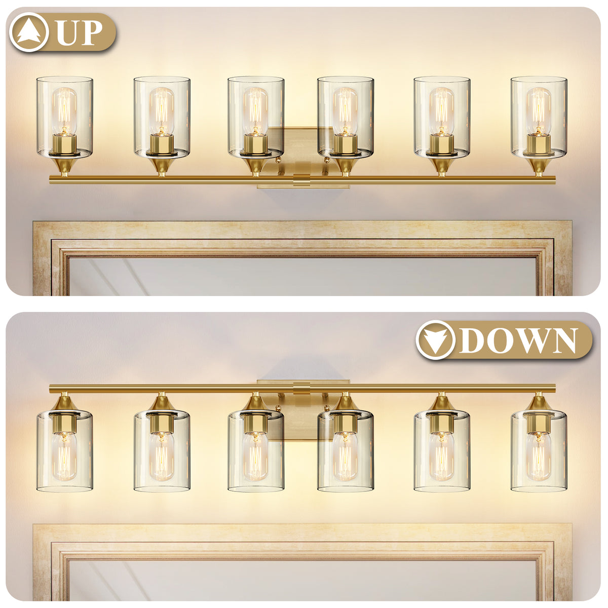 6-Light Brushed Gold Luxury Farmhouse Bathroom Vanity Light Fixture, Wall Lamp with Clear Glass Shade for Large Family Washroom(No light bulb)