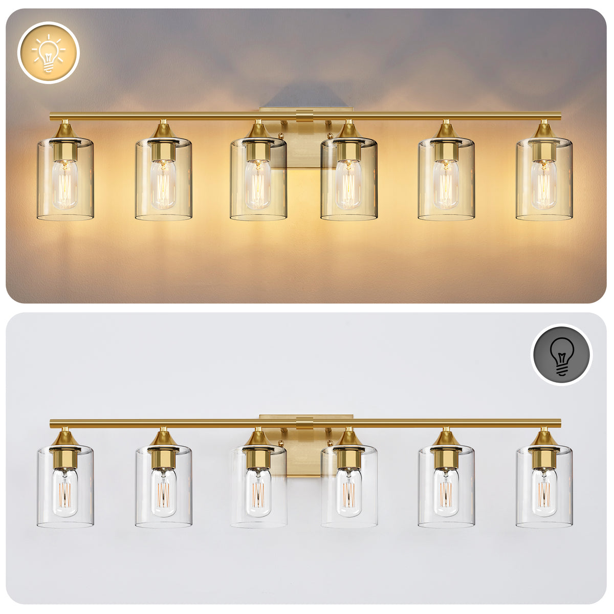 6-Light Brushed Gold Luxury Farmhouse Bathroom Vanity Light Fixture, Wall Lamp with Clear Glass Shade for Large Family Washroom(No light bulb)