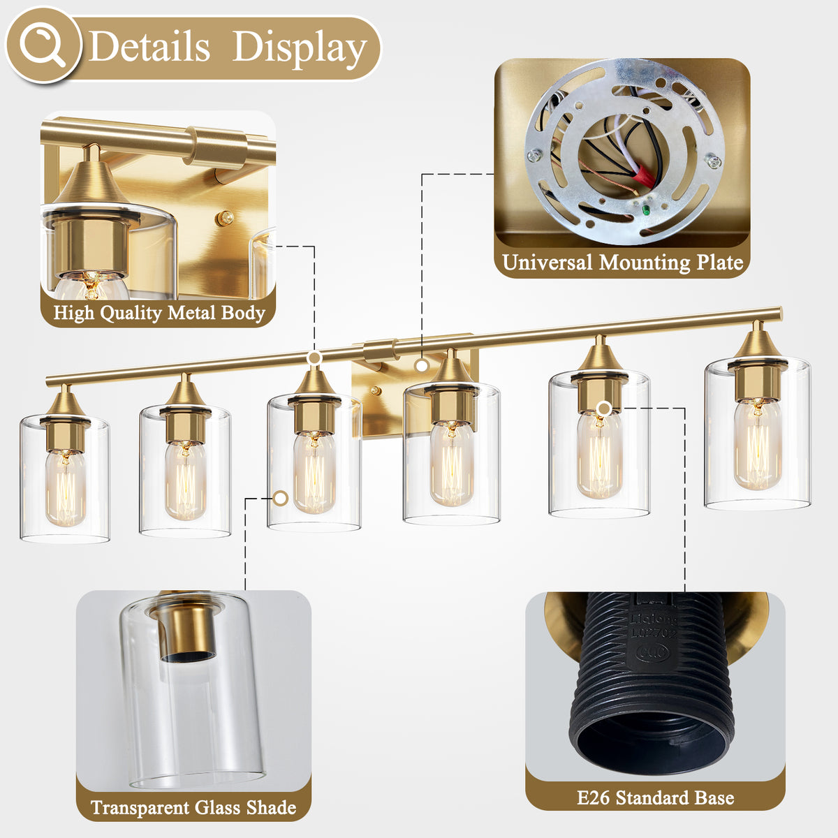 6-Light Brushed Gold Luxury Farmhouse Bathroom Vanity Light Fixture, Wall Lamp with Clear Glass Shade for Large Family Washroom(No light bulb)