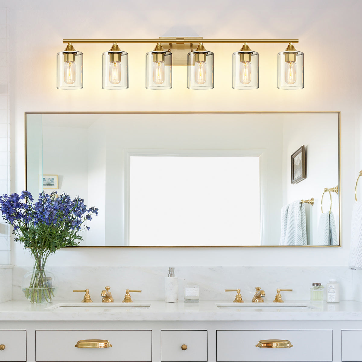 6-Light Brushed Gold Luxury Farmhouse Bathroom Vanity Light Fixture, Wall Lamp with Clear Glass Shade for Large Family Washroom(No light bulb)