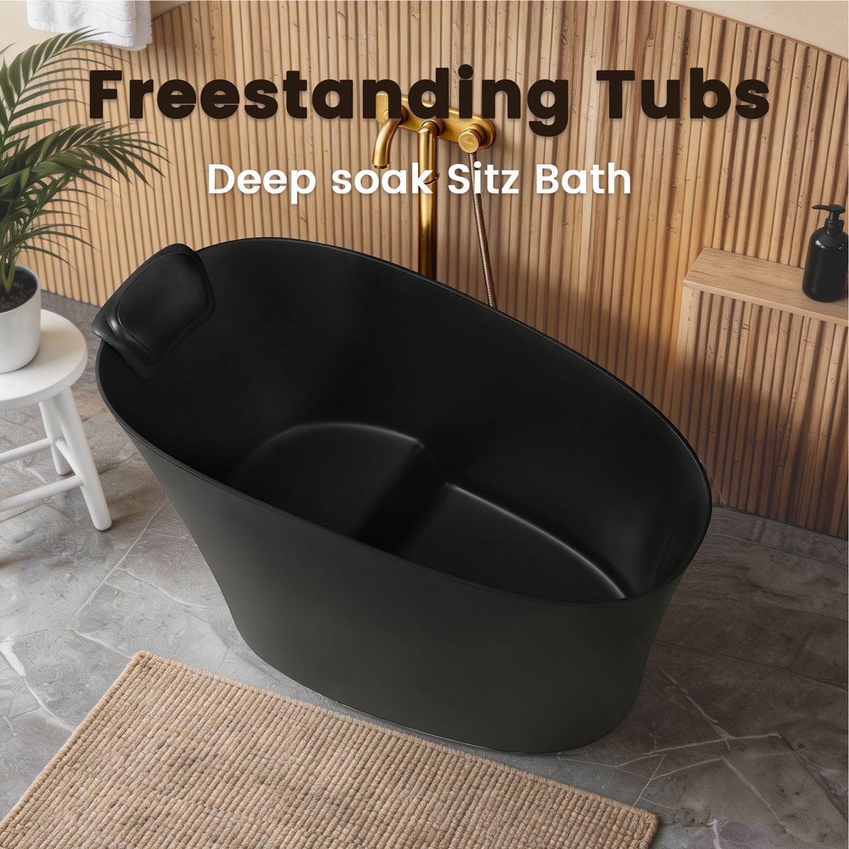 51" Solid Surface Oval Freestanding Black Bathtub with Overflow and Drain Assembly, with Integral Seat and headrest