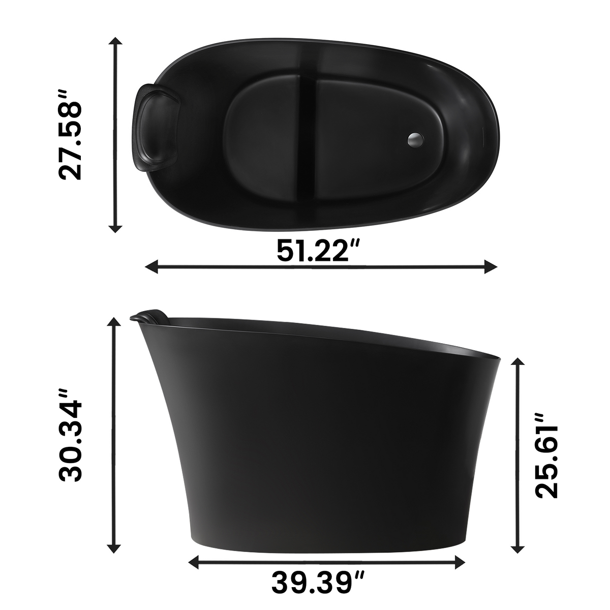 51" Solid Surface Oval Freestanding Black Bathtub with Overflow and Drain Assembly, with Integral Seat and headrest