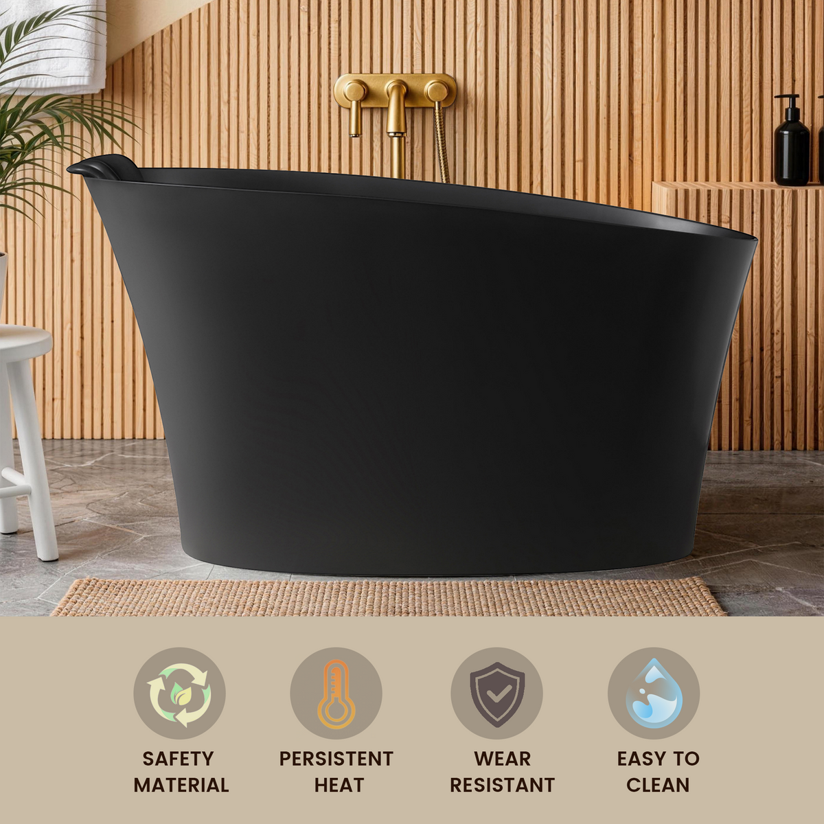 51" Solid Surface Oval Freestanding Black Bathtub with Overflow and Drain Assembly, with Integral Seat and headrest