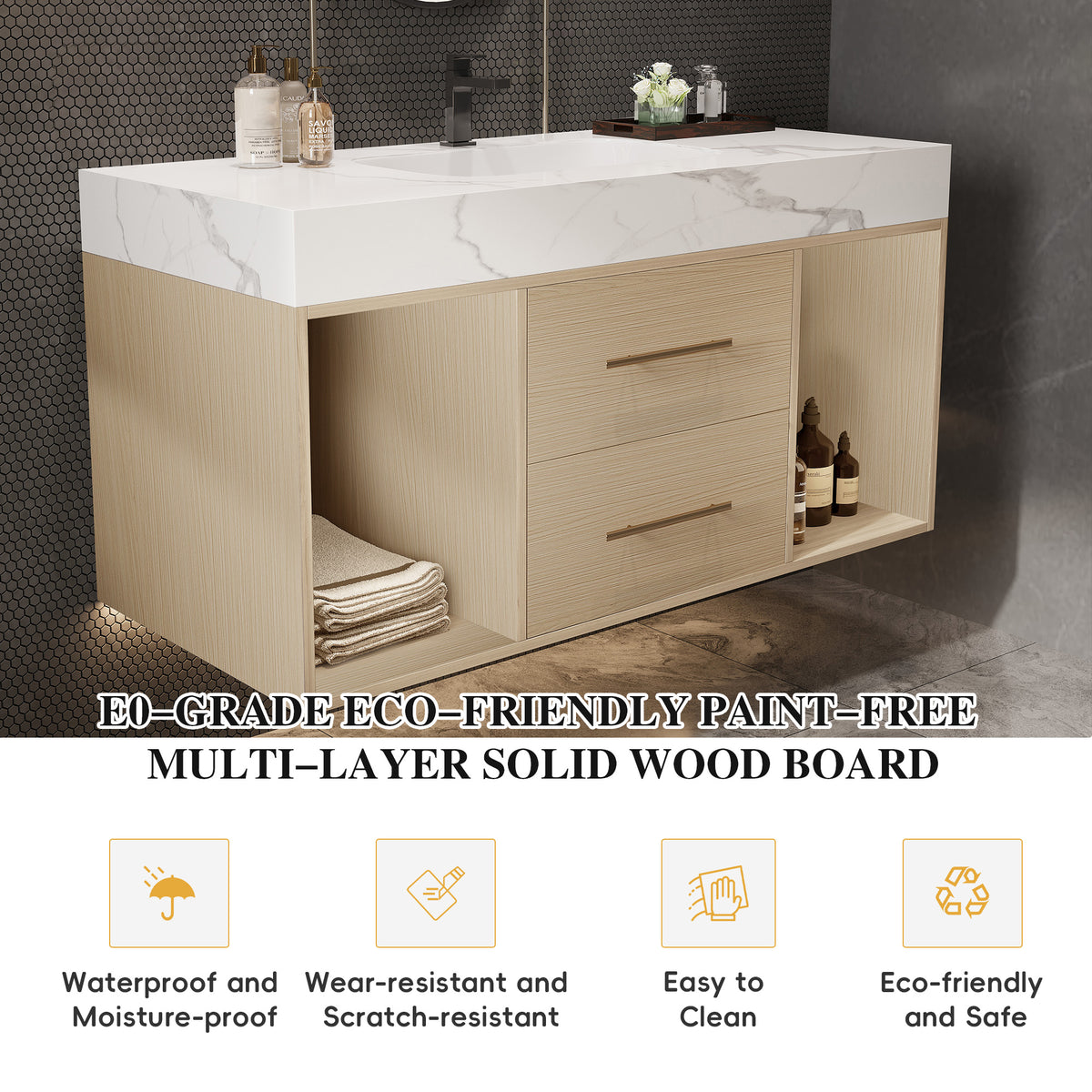 39.4 '' Floating Bathroom Vanity with Ceramic sink,Wall Mounted Vanity 2 Soft Close Drawer and white slate top