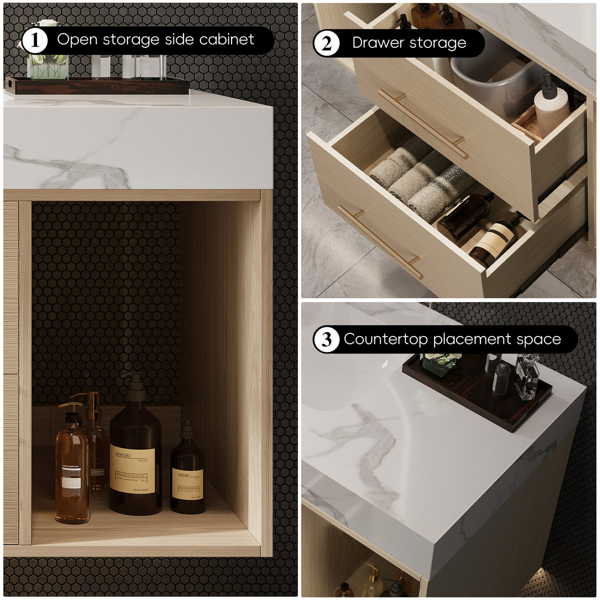 39.4 '' Floating Bathroom Vanity with Ceramic sink,Wall Mounted Vanity 2 Soft Close Drawer and white slate top