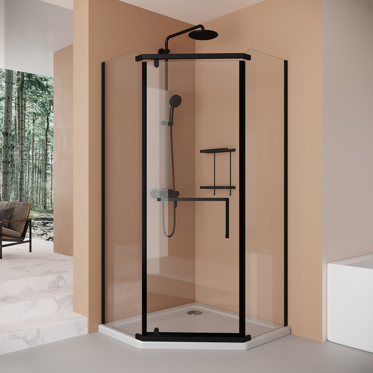 36x36x72" Pivot shower door, with 1/4" (6MM) tempered glass, Frameless Neo-Angle Pivot Shower Enclosure in for Bathroom Shower Door Matte black(NO INCLUDED Neo-Angle Shower Base )