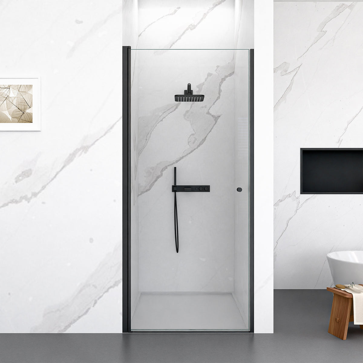 72" H Semi-Frameless Circular Pivot Shower Door in Matte Black With 1/4" (6mm) Thick SGCC Tempered Glass