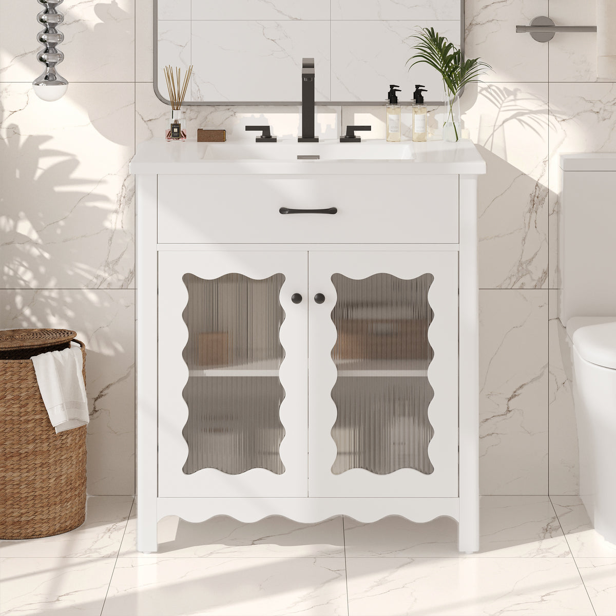 30 Inches Bathroom Vanity with Tempered Glass, Modern Bathroom Cabinet with Rubber Wood legs and Soft close Doors, White
