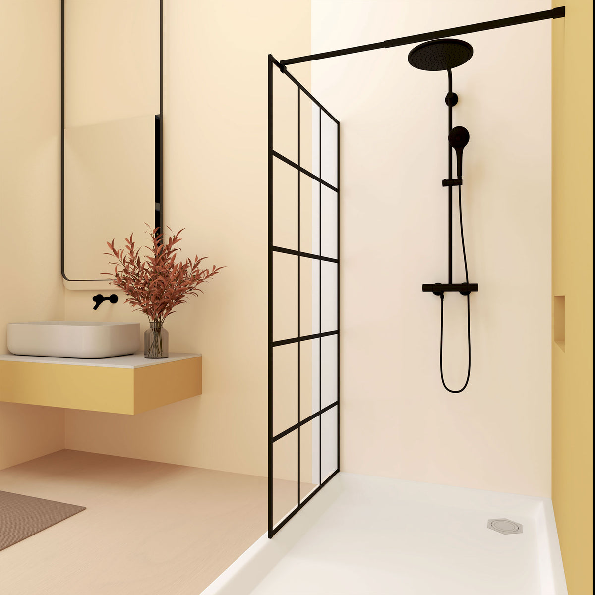 Framed Glass Shower Screen 34" Width x 72"Height with 1/4" 6mm Silk-printing Tempered Glass, Matte black aluminum and support bar, Shower door