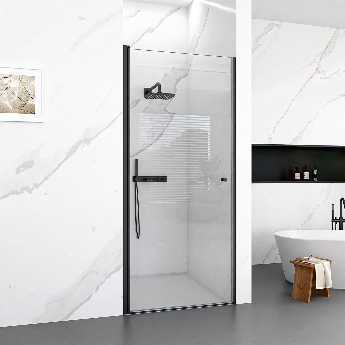 72" H Semi-Frameless Circular Pivot Shower Door in Matte Black With 1/4" (6mm) Thick SGCC Tempered Glass