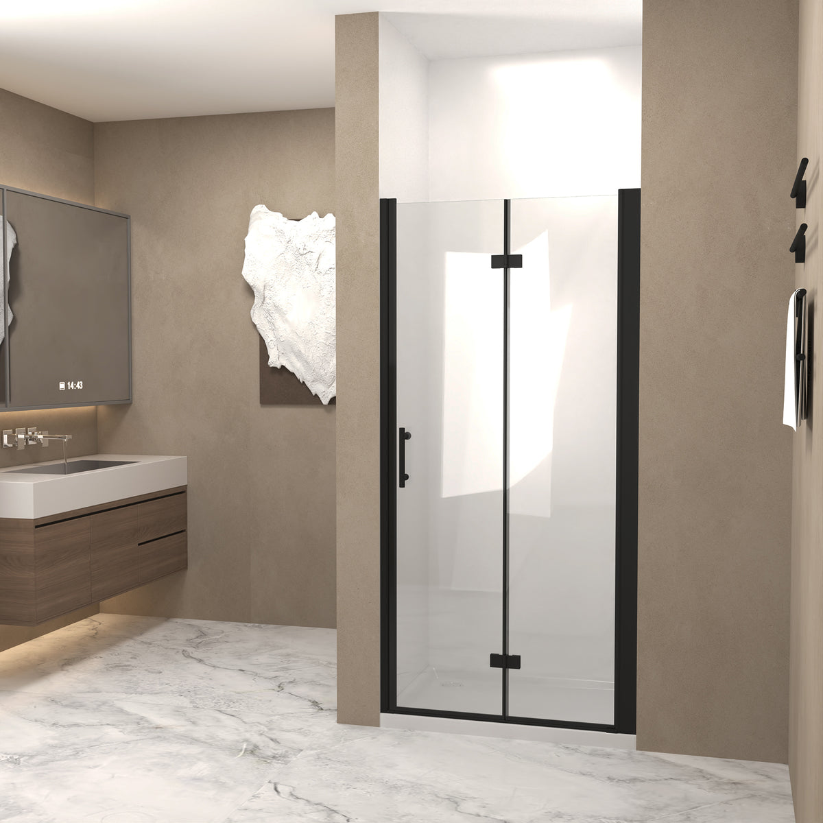 72" Bifold Shower Door, 1/4"(6mm) Tempered Glass, Matte Black Aluminum Frame, Explosion Proof Film