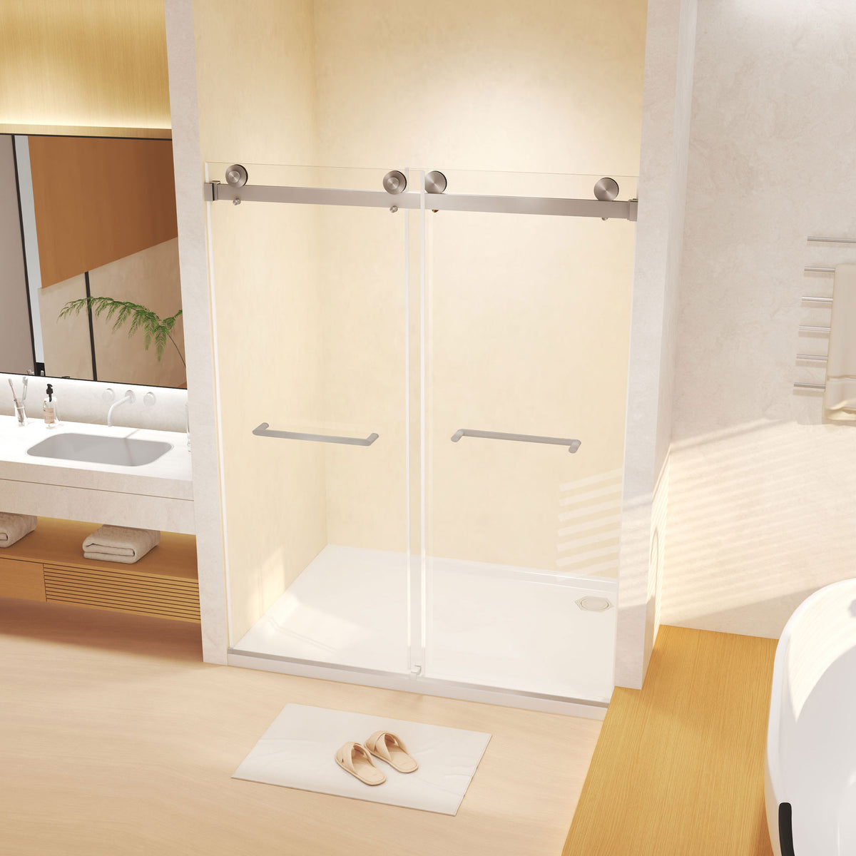 Frameless Double Sliding Shower Door , 5/16 "(8mm) Tempered Glass, Explosion Proof Film, Stainless Steel Handle, Square Tube Track, Brushed Nickel