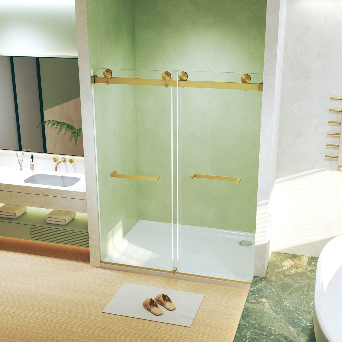 Frameless Double Sliding Shower Door, 5/16 "(8mm) Tempered Glass, Explosion Proof Film, Stainless Steel Handle, Square Tube Track,Brushed Gold