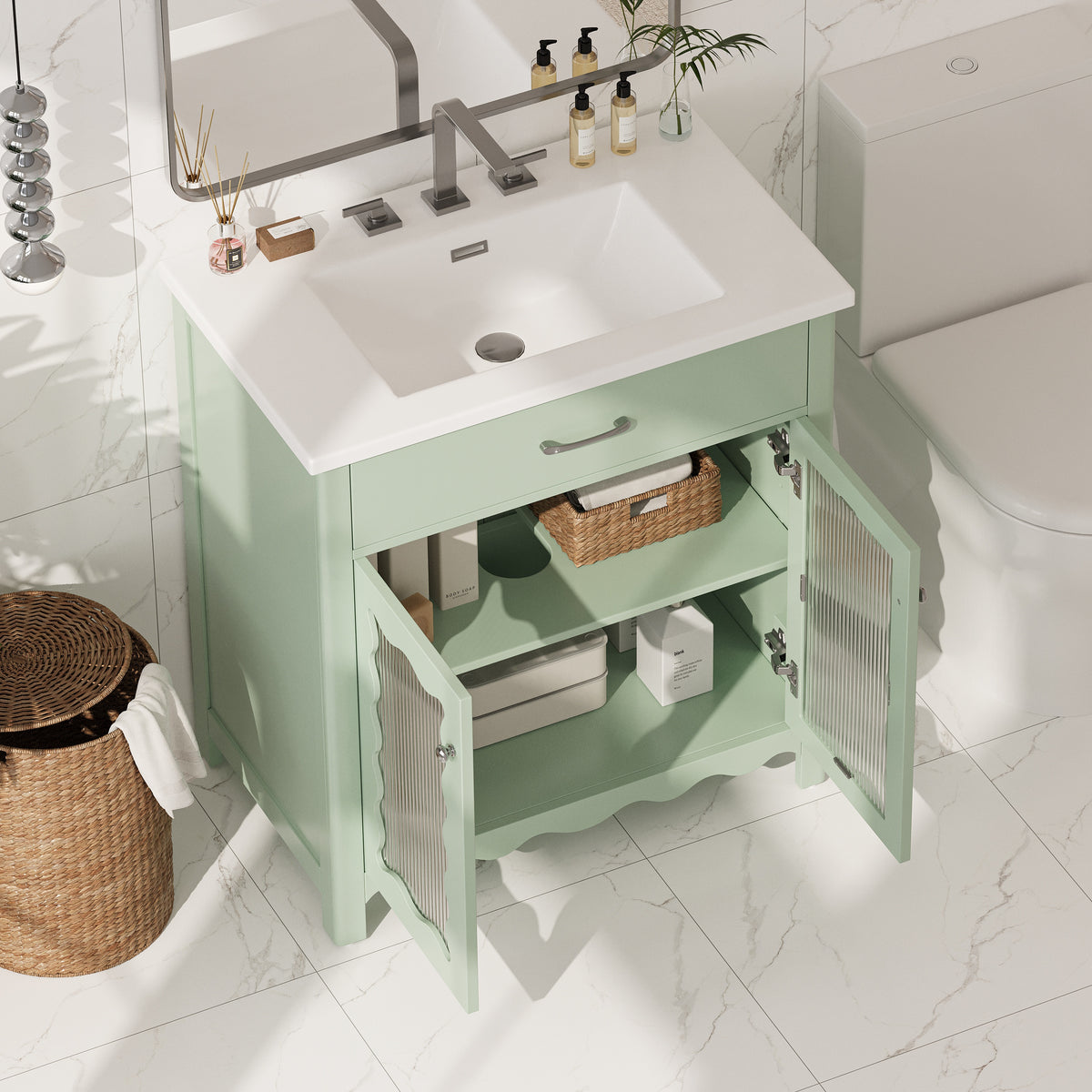 30 Inches Bathroom Vanity with Tempered Glass, Modern Bathroom Cabinet with Rubber Wood legs and Soft close Doors, Green