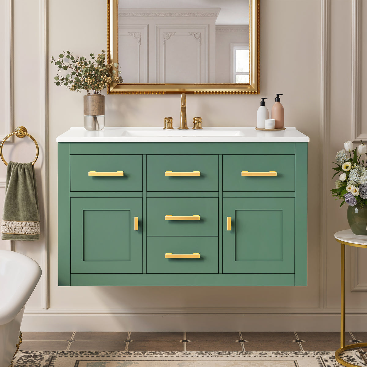 36'' Wall Mounted Bathroom Cabinet – French Style Bathroom Vanity with Glossy White Sink, Bathroom Cabinet with Multiple Drawers and Doors, Ample Storage