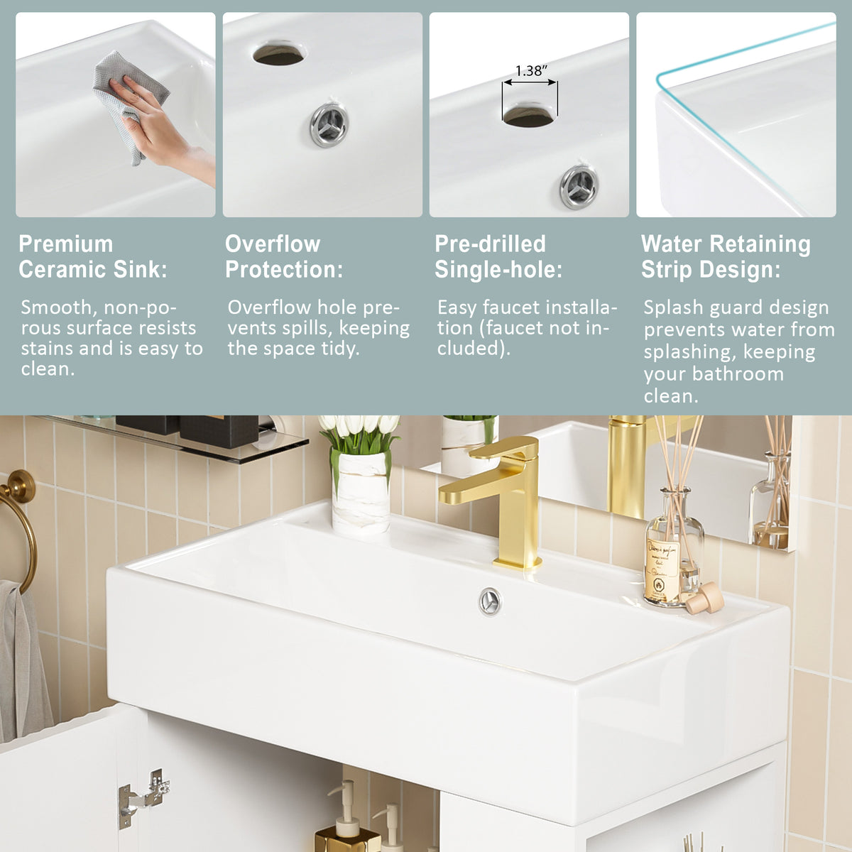21.6" white Bathroom vanity, Combo Cabinet, Bathroom Storage Cabinet, Single Ceramic Sink