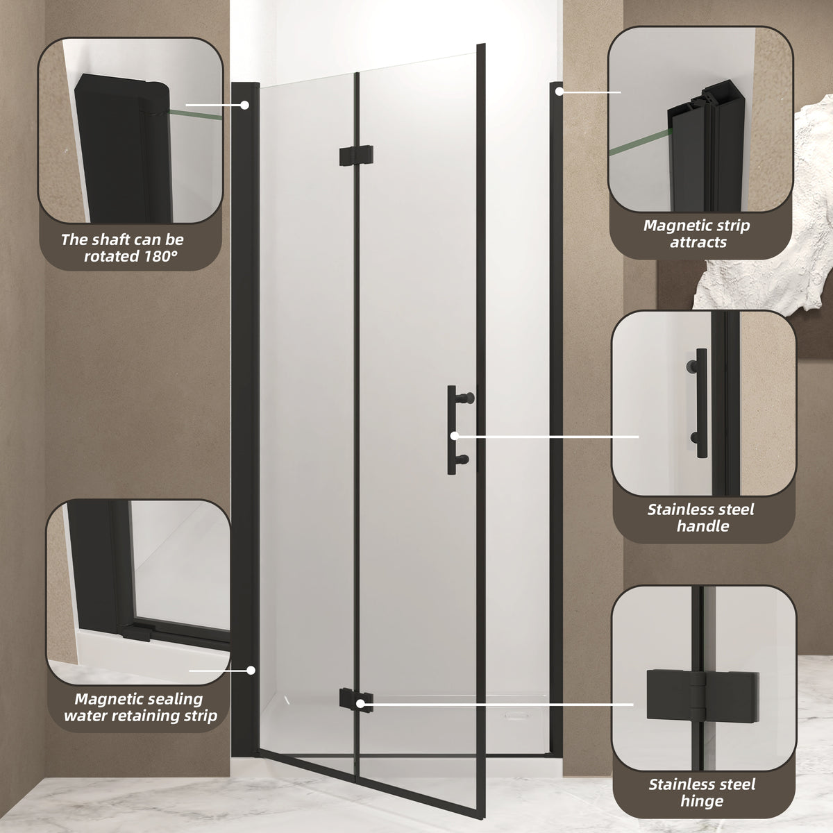 72" Bifold Shower Door, 1/4"(6mm) Tempered Glass, Matte Black Aluminum Frame, Explosion Proof Film