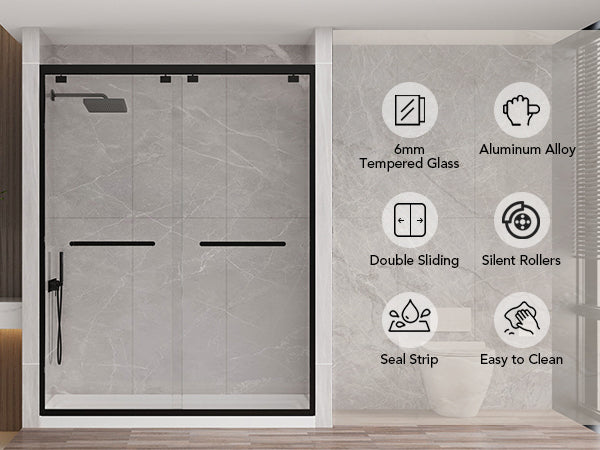 Matte Black Double Sliding Shower Door, Semi-Frameless, 43–48 in. W x 76 in. H, Model S0102