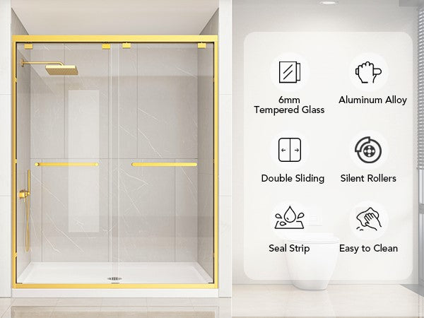 Brushed Gold Double Sliding Shower Door, Semi-Frameless, 55–60 in. W x 76 in. H, Model S0102