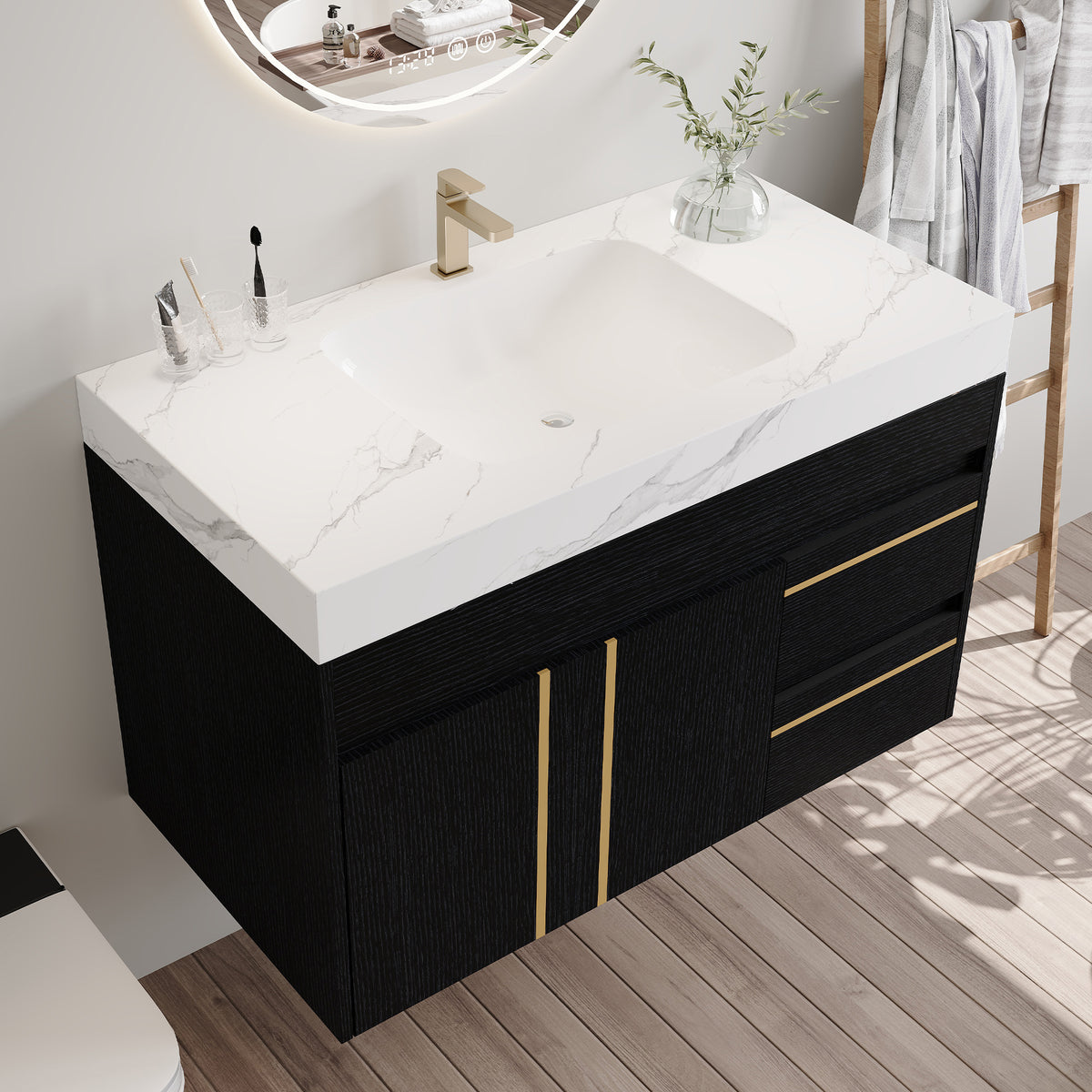 36" Floating Bathroom Vanity with Ceramic Sink and Faux Marble Top